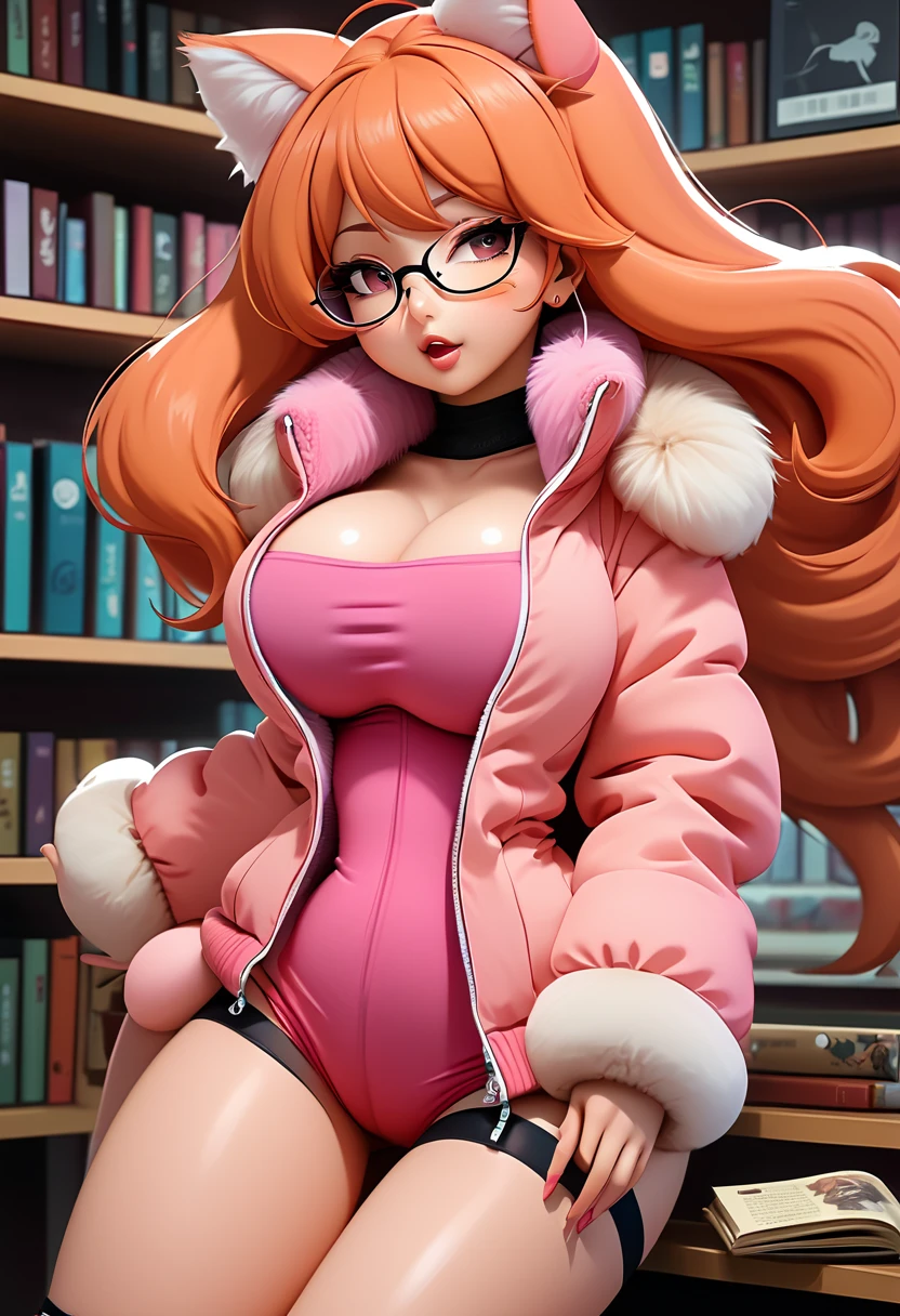 ahegao, masturbation, Very big and long Dildo in ass, nacked Pink Cropped fur puffer jacke, ANIME CARTOON, big boobs, high heels, Susan test, very long orange hair, vibrator on nipple, vibrator under clothes, 
vibrator in thighhighs, blowjob dildo, glasses