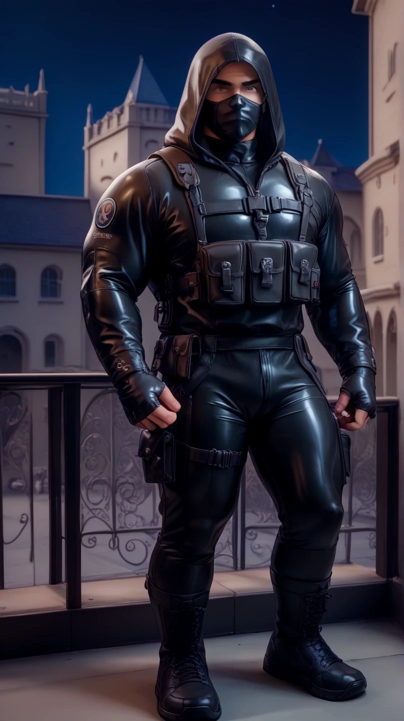 A full-body image of a muscular adult male.black leather full-body image 、face mask and mask hood, .black Skull Tactical Messenger Face Mask.a hooded person in invisible armor . wears leather armor, Tights.epic ninja suit, rogue.Leather fit to cover the whole body. smooth leather .Boy Teenage Assassin , stealth suit , Another World assassin , stand on the roof of a castle. . black night . Dark atmosphere .Low light.Weak lights cast dramatic shadows. Weird Another World atmosphere . Another World city. .whole body image.Handheld composite mechanical giant bow.full body photo.FANTASY
