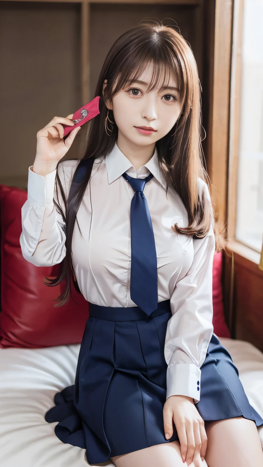 Russian Woman, Intimate, face blush, red blushy cheeks, long wavy hair, feeling excited, beautiful thighs, in love, wearing school attire with mini pleated skirt
