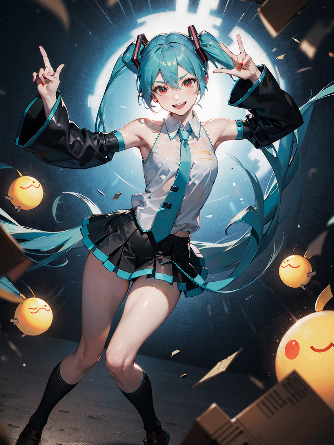 masterpiece, ( Hatsune Miku ),  white shirt,  blue tie, Bare shoulders,  twin tails、 separation sleeve,  Immersed in an evil smiley face, Dark Skin,  red eyes,  dark eyes, Orange pupil,Thighs, black high socks wearing brown leather shoes 