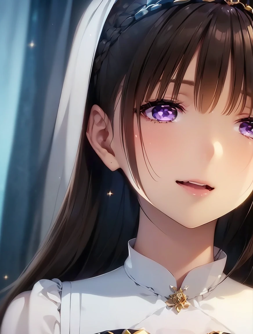     High Definition  ,In 8K,  top quality  ,  Details, semi-realistic anime , D-anime style ,  Smooth Anime CG  ,  One Girl ,  19-year-old Japanese woman on a luxury liner  , (( beauty)), (( Put a Silver Crown on Your Head )), slim,modeling,(( antique)),(( White Dress with Silvery Light)),((( Asymmetric Hairstyle ))),(( Maroon Sparkling Hair )),  shiny brown hair ,  Detailsな顔,Beautiful and  Details,(( Deep Blue-Purple Sparkling Eyes )),(( open your mouth )),(Smile),(((A captivating expression))),(((Beautiful Shadows))),((Transparency)),( Light from a High Church Window ),((Crimson and Black Curtain )),( Mary Cassatt ),(( Patrick Nagel )),(( Beautiful Velvet Curtain )),