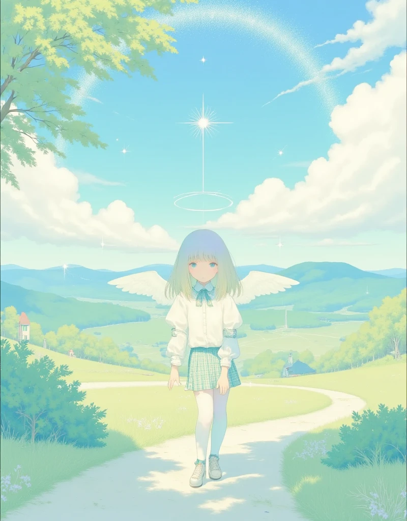 ultra detailed, best quality, 1house, country scenery, angelic atmosphre, bright , glittering particles, shiny, soft color, kawaii anime, cute illustration, angell dust falling, fancy style,