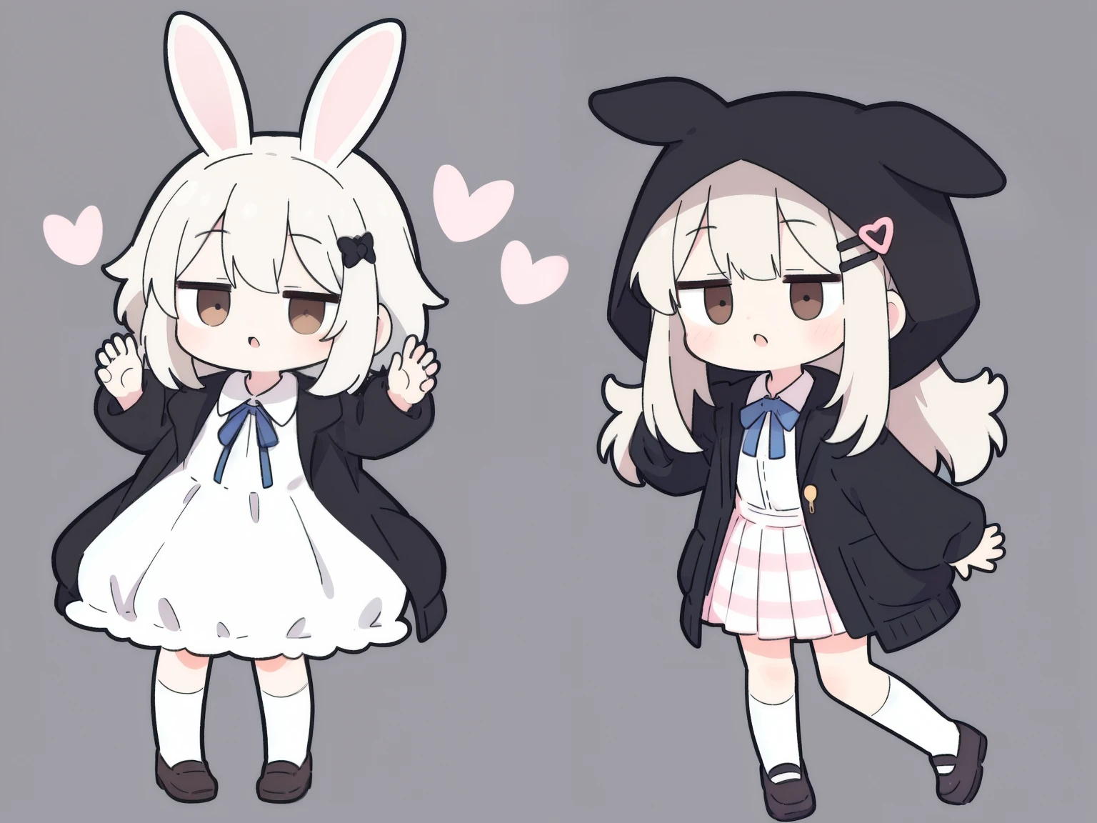 High resolution, one girl, ahoge, hairpin, ribbon, brown eyes, collared shirt, pose, frilly shirt, frilly shirt collar, frilly skirt, frills, ribbon, hair accessory, hairpin, hands on head, heart, rabbit hair accessory, hood, hooded jacket, jacket, long hair, short hair, silver hair, checkered pattern, checkered ribbon, checkered skirt, pleated skirt, shirt, simple background, skirt, knee socks, full body,
rabbit motif, fluffy, rabbit mark going around head,
((health check))