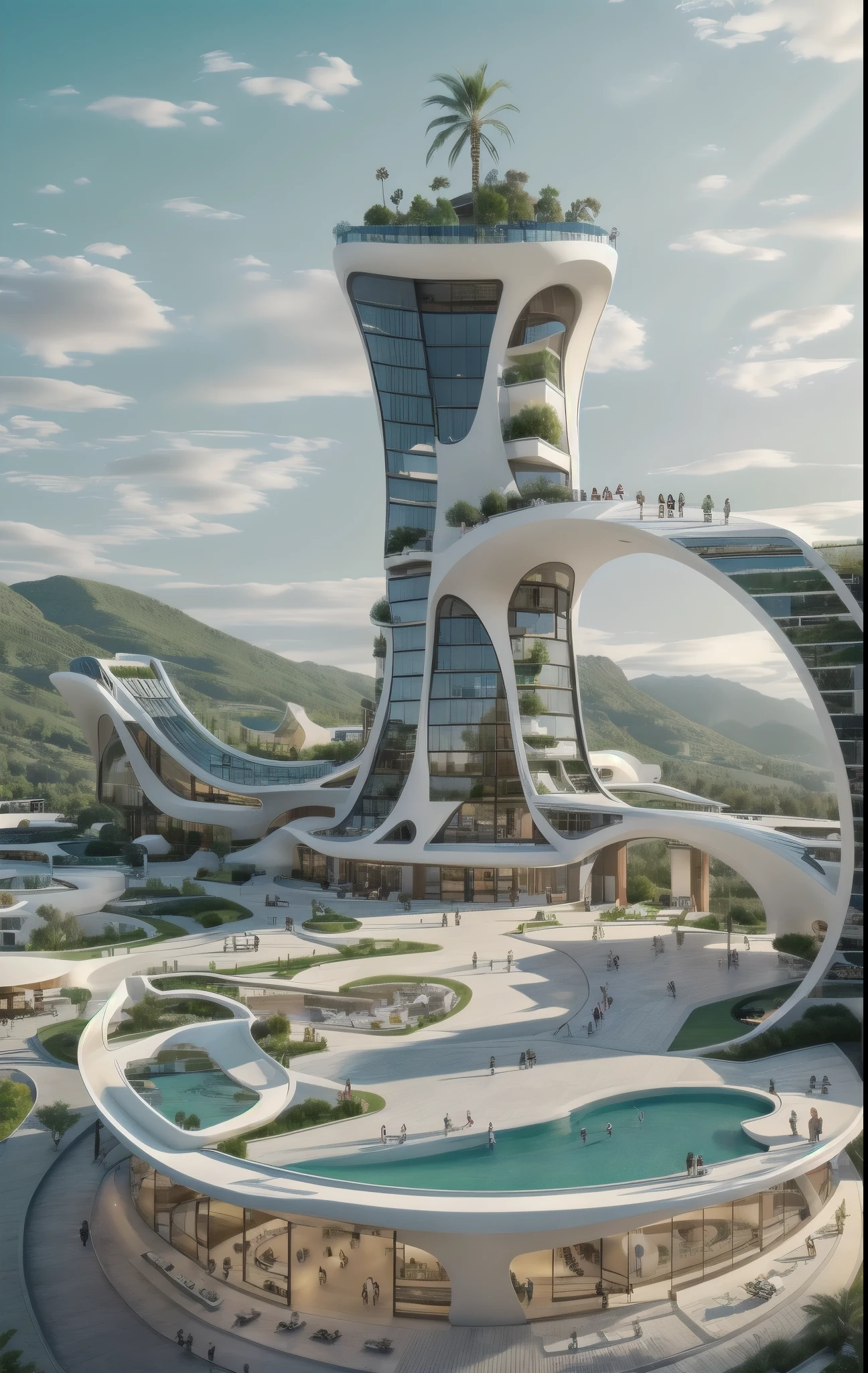 Building design , cars, tree, Hotel design, day light , outstanding, single tall building, blue sky.  City and mountain at the background , small circular fountain