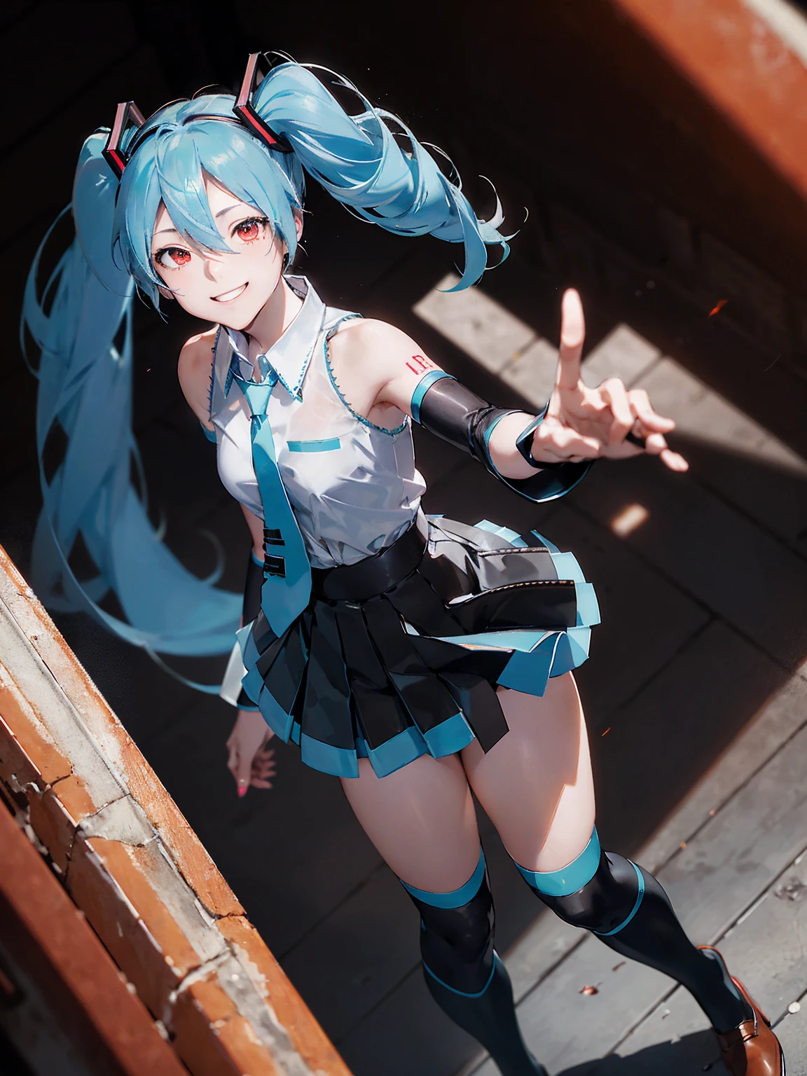 masterpiece, ( Hatsune Miku ),  white shirt,  blue tie, Bare shoulders,  twin tails、 separation sleeve,  Evil Smiley Face, Dark Skin,  red eyes,  dark eyes, Orange pupil,Thighs, black high socks wearing brown leather shoes 