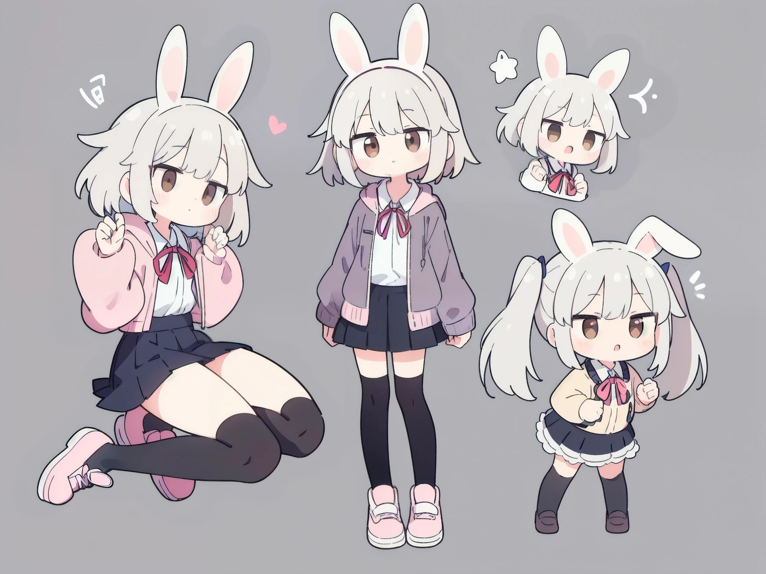 High resolution, 1 girl, stray hair, hairpin, ribbon, brown eyes, collared shirt, pose, frilly shirt, frilly shirt collar, frilly skirt, frills, ribbon, hair accessory, hairpin, hands on head, heart, rabbit hair accessory, hood, hooded jacket, jacket, long hair, short hair, silver hair, checkered pattern, checkered ribbon, checkered skirt, pleated skirt, shirt, simple background, skirt, knee socks, full body,
rabbit motif, fluffy, rabbits circling around head,
((unhealthy))