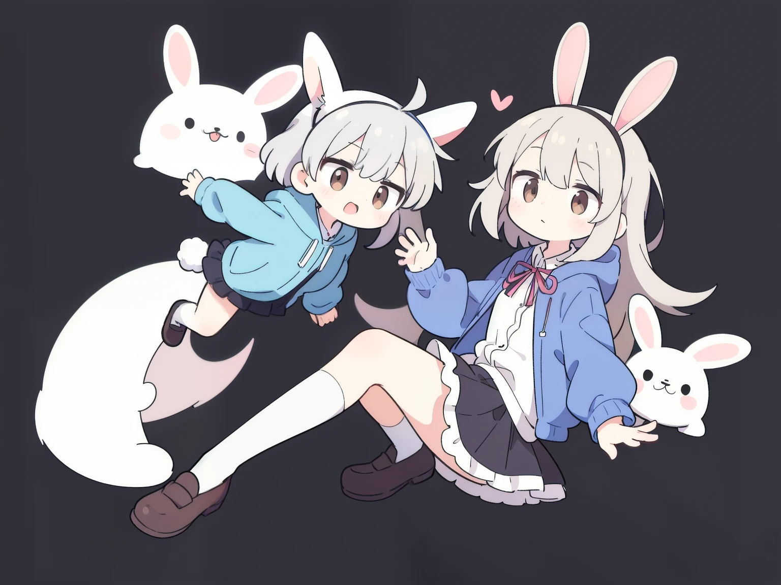 High resolution, 1 girl, stray hair, hairpin, ribbon, brown eyes, collared shirt, baby face pose, frilly shirt, frilly shirt collar, frilly skirt, frills, ribbon, hair accessory, hairpin, hands on head, heart, rabbit hair accessory, hood, hooded jacket, jacket, long hair, short hair, silver hair, checkered pattern, checkered ribbon, checkered skirt, pleated skirt, shirt, simple background, skirt, knee socks, full body,
rabbit motif, fluffy, rabbits circling around head,
((unhealthy))