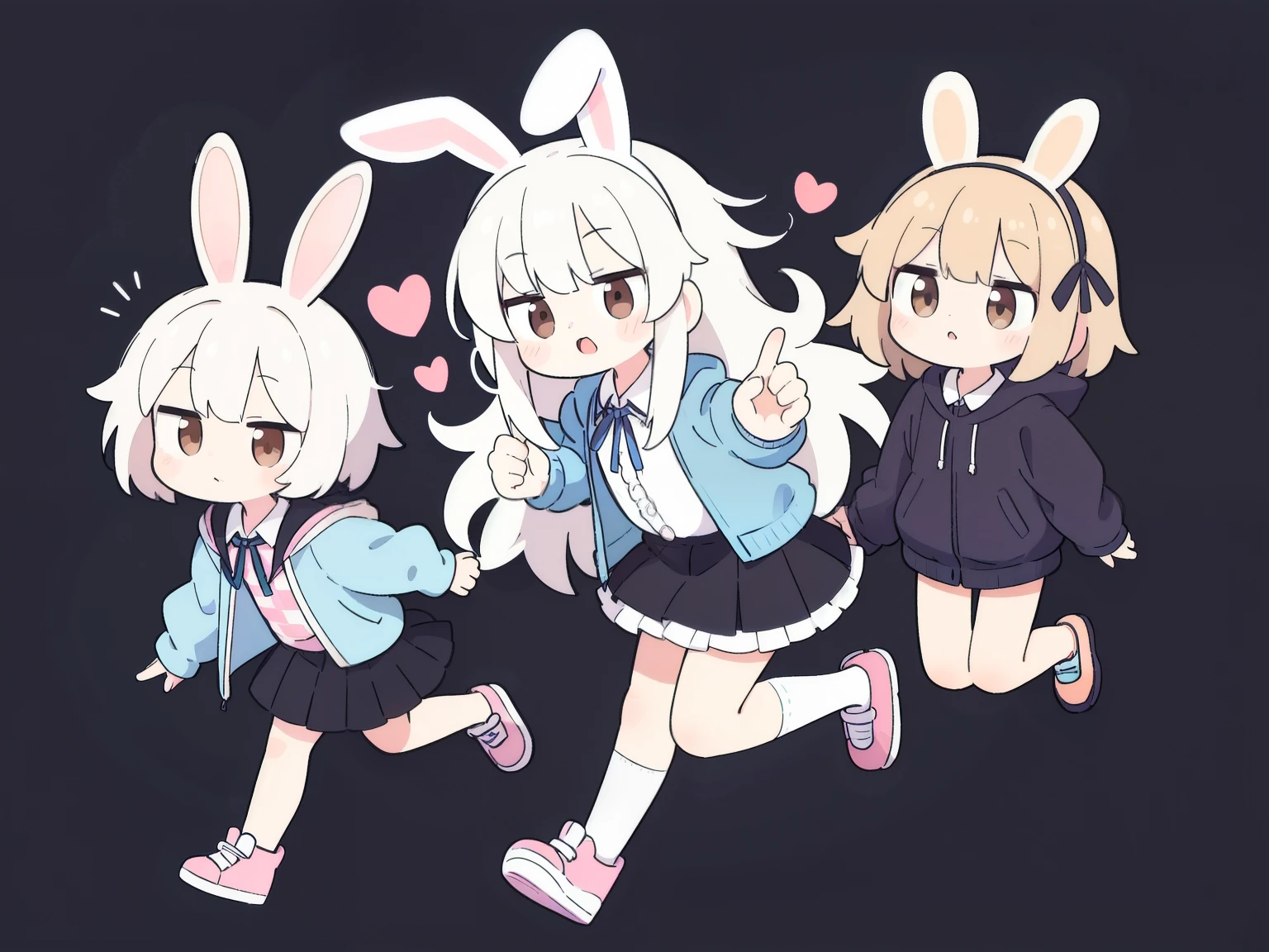 High resolution, 1 girl, Ahoge, Hairpin, Ribbon, Brown eyes, Collared shirt,  pose, Frilled shirt, Frilled shirt collar, Frilled skirt, Frills, Ribbon, Hair accessory, Hairpin, Putting hands on own head, Heart, Rabbit hair accessory, Hood, Hooded jacket, Jacket, Long hair, Short hair, Silver hair, Checkered pattern, Checkered ribbon, Checkered skirt, Pleated skirt, Shirt, Simple background, Sneakers, Skirt, Knee socks, Full body,
Rabbit motif, Fluffy, Rabbits circling around head,
((Unhealthy)), Low pressure, Storm