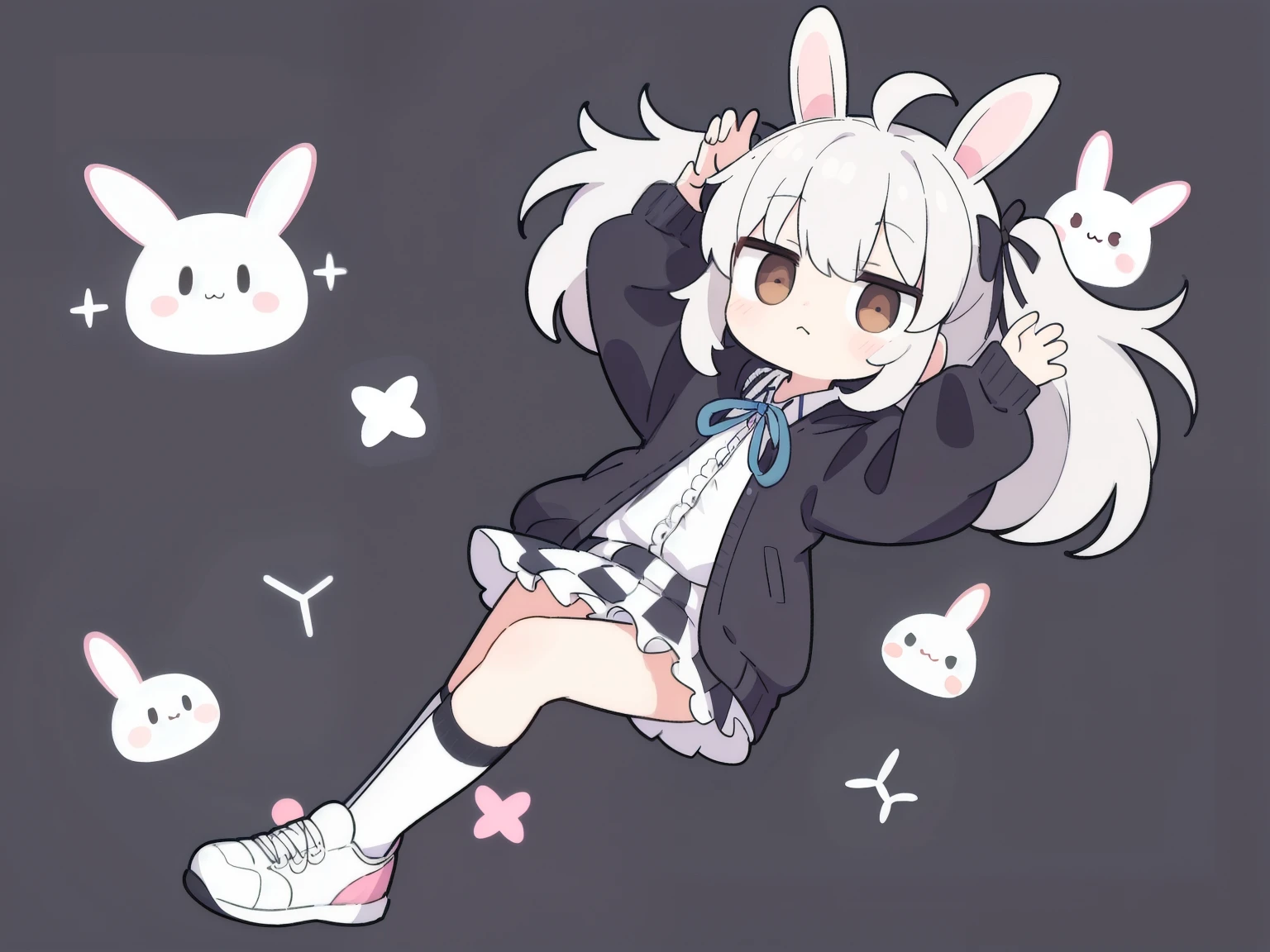 High resolution, 1 girl, Ahoge, Hairpin, Ribbon, Brown eyes, Collared shirt, pose, Frilled shirt, Frilled shirt collar, Frilled skirt, Frills, Ribbon, Hair accessory, Hairpin, Putting hands on own head, Heart, Rabbit hair accessory, Hood, Hooded jacket, Jacket, Long hair, Short hair, Silver hair, Checkered pattern, Checkered ribbon, Checkered skirt, Pleated skirt, Shirt, Simple background, Sneakers, Skirt, Knee socks, Full body,
Rabbit motif, Fluffy, Rabbits circling around head,
((Unhealthy)), Low pressure, Storm