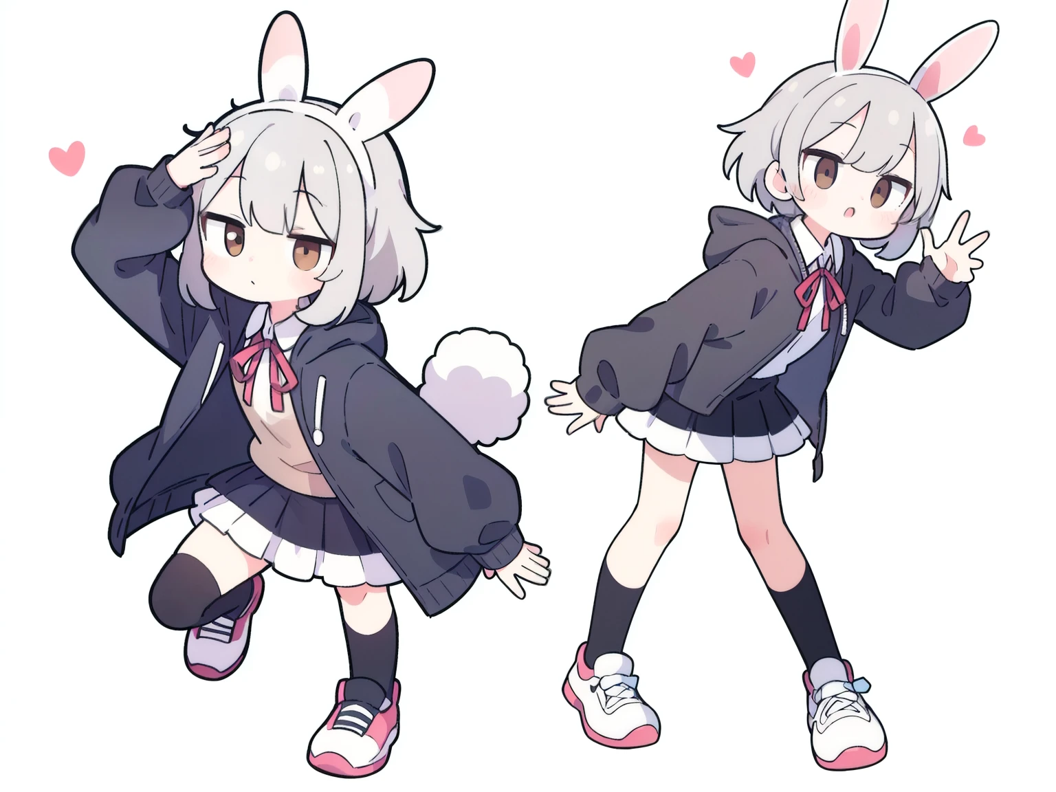 High resolution, one girl, stray hair, hairpin, ribbon, brown eyes, collared shirt, baby face pose, frilly shirt, frilly shirt collar, frilly skirt, frills, ribbon, hair accessory, hairpin, putting hands on own head, heart, rabbit hair accessory, hood, hooded jacket, jacket, long hair, short hair, silver hair, checkered pattern, checkered ribbon, checkered skirt, pleated skirt, shirt, simple background, sneakers, skirt, knee socks, full body,
rabbit motif, fluffy, rabbits circling around head,
((holding placard in hand))