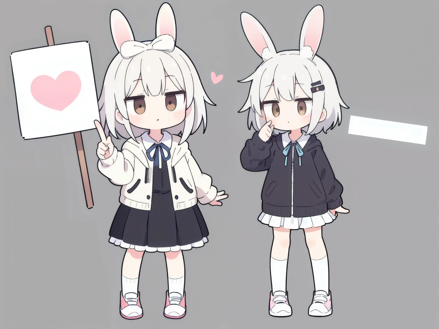 High resolution, one girl, stray hair, hairpin, ribbon, brown eyes, collared shirt, pose, frilly shirt, frilly shirt collar, frilly skirt, frills, ribbon, hair accessory, hairpin, putting hands on own head, heart, rabbit hair accessory, hood, hooded jacket, jacket, long hair, short hair, silver hair, checkered pattern, checkered ribbon, checkered skirt, pleated skirt, shirt, simple background, sneakers, skirt, knee socks, full body,
rabbit motif, fluffy, rabbits circling around head,
((holding a white sign in hand))