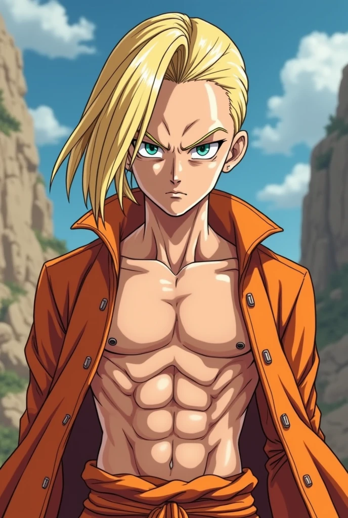 Android 18 from Dragon Ball naked in a laboratory, orders, chained, beaten, frown