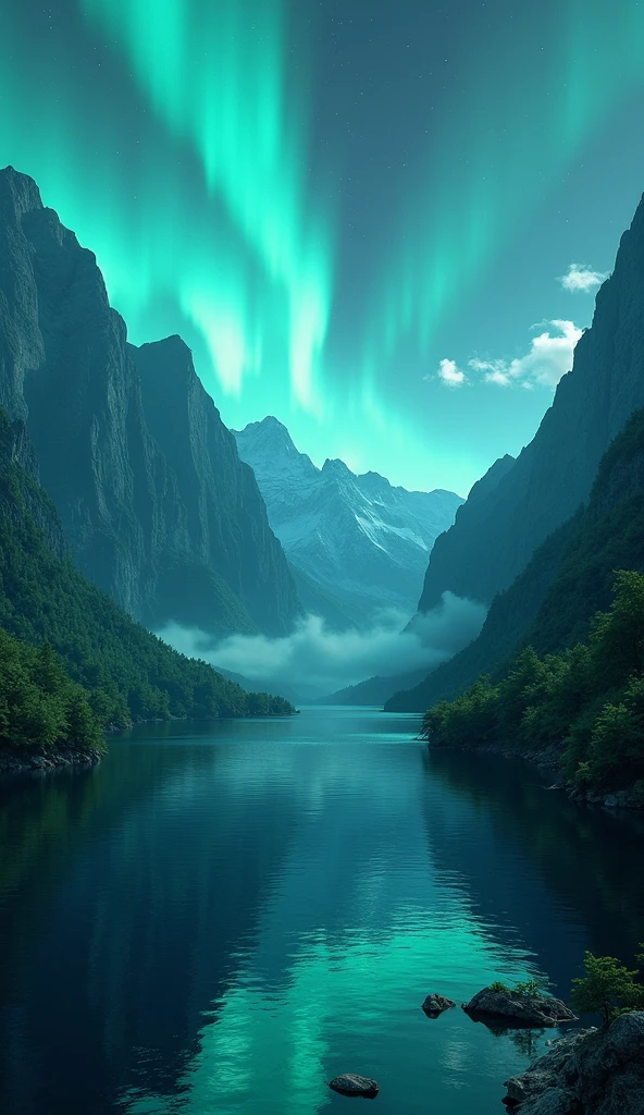 A bottomless alpine lake surrounded by lush green mountains, with the ocean visible in the distance. The scene is illuminated by the vibrant glow of the aurora under a midnight sky. The atmosphere is dark and mysterious, with strong, gusty winds rippling the lake’s surface and swaying the mountain foliage.