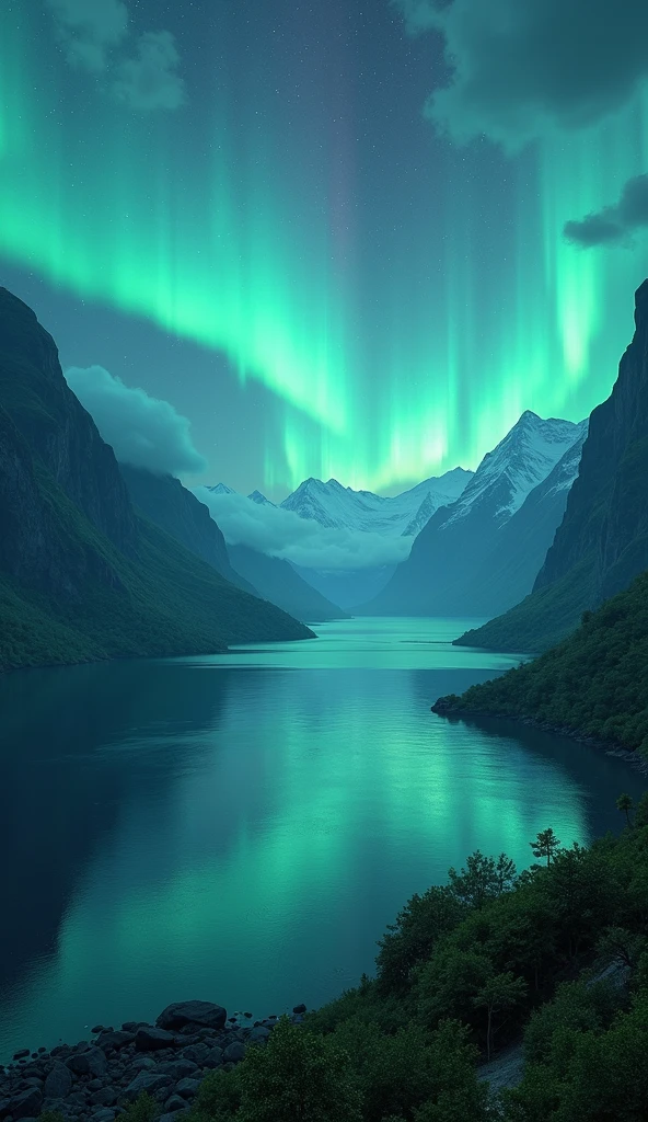 A bottomless alpine lake surrounded by lush green mountains, with the ocean visible in the distance. The scene is illuminated by the vibrant glow of the aurora under a midnight sky. The atmosphere is dark and mysterious, with strong, gusty winds rippling the lake’s surface and swaying the mountain foliage.