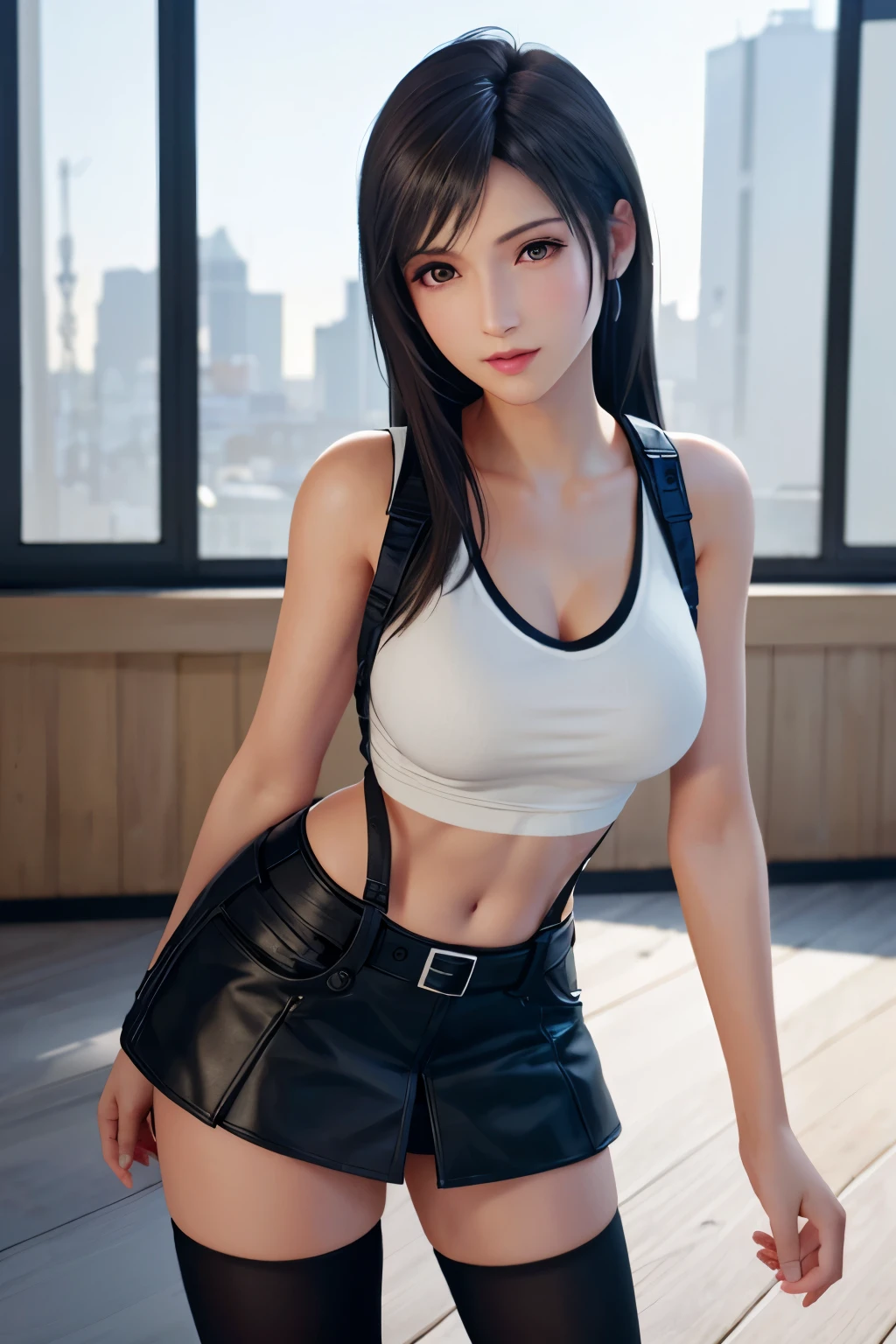 (, blush, 20-year-old, Narrow eyes) (Realistic: 1.4), alone, Highest quality, Very delicate and beautiful, High resolution, One girl, Tifa_Lockhart, smile, Cowboy Shot, suspenders, Low rise, mini skirt, Tank top, Tense shirt, Black Hair, Long Hair, Elbow hand pockets, Beautiful and detailed red eyes, Face Light, Cinema Lighting, belly button, ( Huge breasts: 1.0), Old Bar, The background is blurred, Fluttering Hair, Beautiful woman