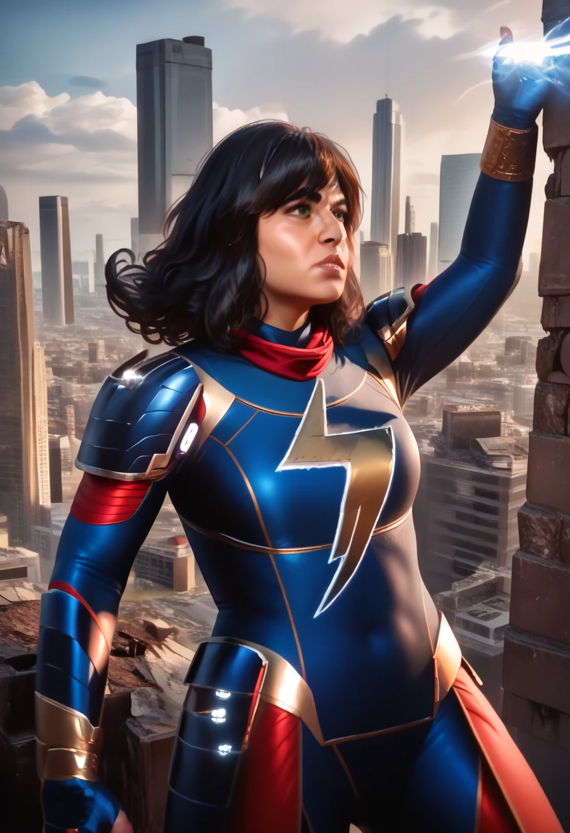 A heroic pose of Kamala Khan, cityscape in ruins, (best quality,8k,highres,masterpiece:1.2),ultra-detailed,(realistic,photorealistic,photo-realistic:1.37),superheroine,female superhero,powerful stance,dramatic lighting,rubble,destroyed buildings,sci-fi cityscape,dystopian environment,debris,smoke,cinematic composition,muted color palette,dramatic shadows,glowing energy aura,muscular physique,determined expression,flowing hair