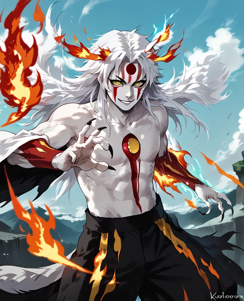 man, flaming hair, white skin, red face paint, jentry chau style, anime style, fire powers, yellow eyes, white hair, third eye on forehead, voluminous hair, sky, smile, kitsune style, strong, Kyojuro Rengoku, cat eyes, eye on forehead, claws covered in fire