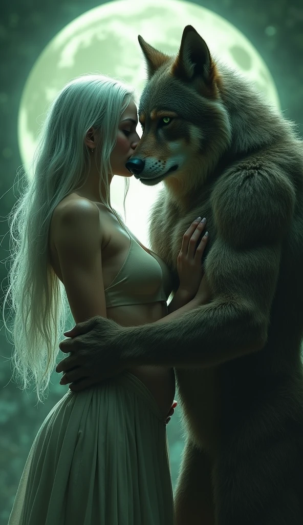 NSFW (nude) (Elsa ((human)) medium breasts, strip of pubic hair) vaginal penetration fucking (((nude male furry grey wolf with knotted penis))), full body, in a deserted snowy landscape