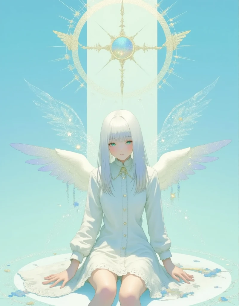 ultra detailed, best quality, 1girl, she is fallen angel, smile , sitting , look at me, blue color, angelic atmosphre, bright , glittering particles, shiny, soft color, kawaii anime, cute illustration, angell dust falling, fancy style,
