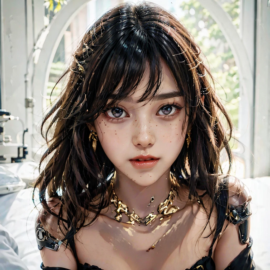 1 robot girl, Japanese, 4k, robotic joints, realistic, soft skin, texturized skin, long whavy black hair with bangs, shiny pink eyes, red eyeliners, shining red lips, natural makeup, freckles, round gold earings, bitting lower lip, morning lighting, bright colors, looking directly to the viewer, close up, face focus.