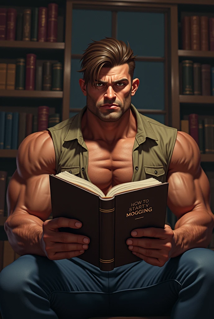 (oil painting) (full body) A victorian naked muscular hairy and brown beautiful men with huge bulging pecs and muscles and a gigantic uncircumcized penis portrays an worried expression as he sits in a chair with open legs in his office while reading a strange ominous red book