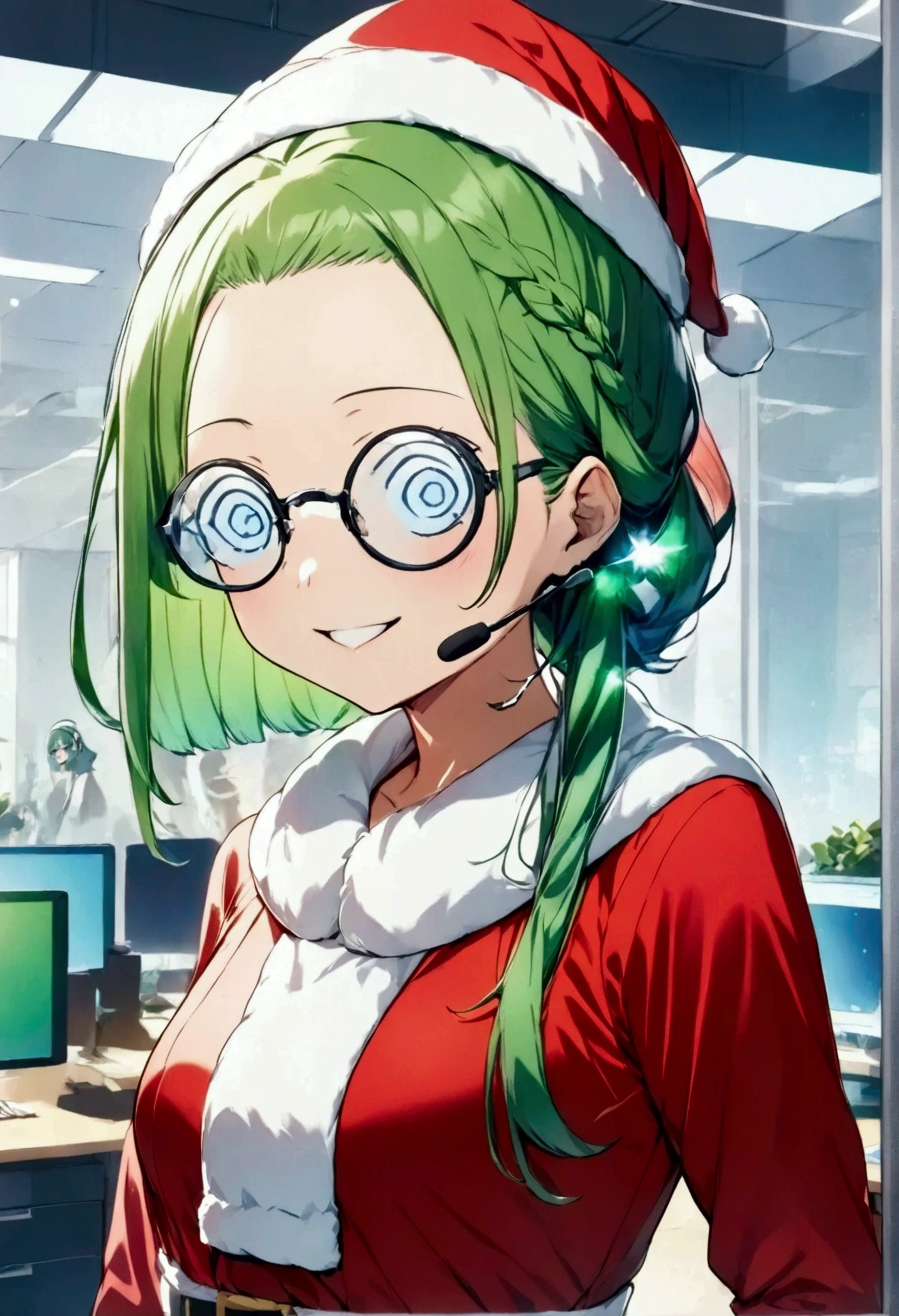  Group 3 Operator  "Shinonome･Miyuki "(Shinonome･ miyuki ) , Hairstyle:Green hair with straight forehead hair  （(Forehead hair with only bangs pulled back)）,  wearing a Santa Claus costume ,  headset, Both eyes are hidden by spiral-patterned round glasses （Anime Expressions:2.5 ）,  smile , Alone ,  Futuristic Offices 