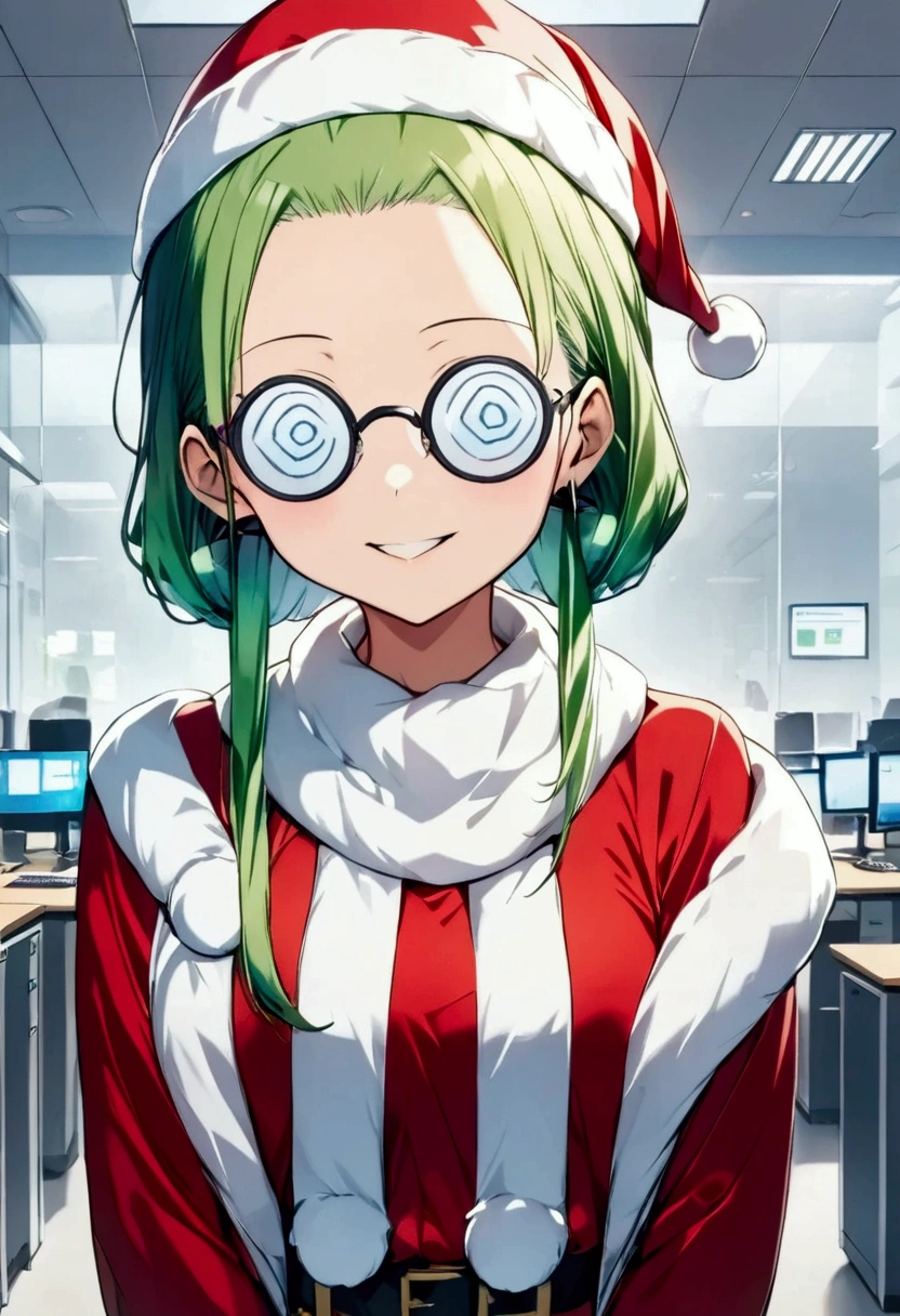  Group 3 Operator  "Shinonome･Miyuki "(Shinonome･ miyuki ) , Hairstyle:Green hair with straight forehead hair  （(Forehead hair with only bangs pulled back)）,  wearing a Santa Claus costume ,  headset, Both eyes are hidden by spiral-patterned round glasses （Anime Expressions:2.5 ）,  smile , Alone ,  Futuristic Offices 