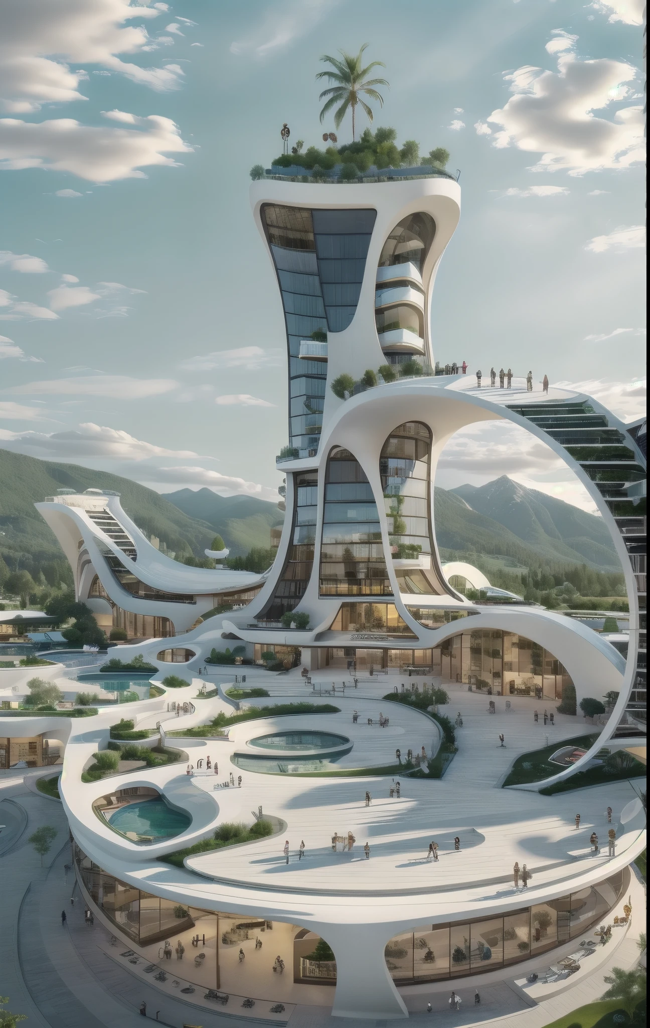 Building design , cars, tree, Hotel design, day light , outstanding, single tall building, blue sky.  City and mountain at the background , small circular fountain