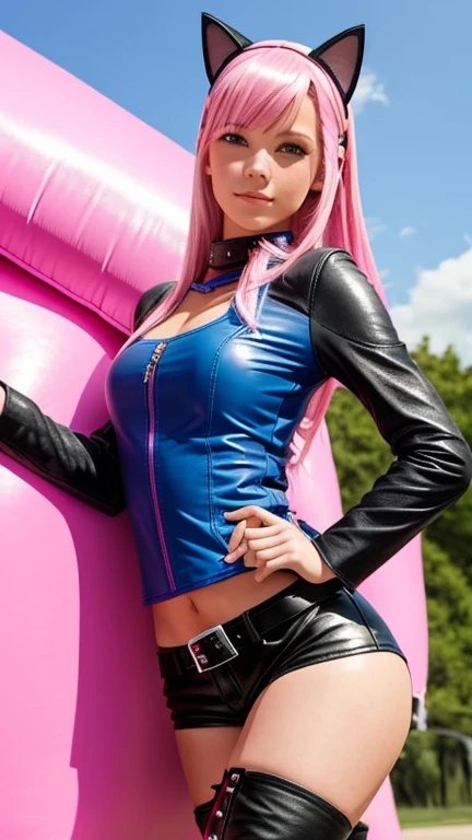  teen with pink hair, Slim model,  pink leather top , Lederrock rosa,  leather arm warmer blue ,  knee-high leather boots, Cat ears, bouncy castle  
