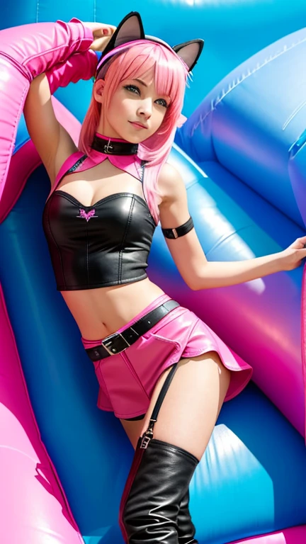  teen with pink hair, Slim model,  pink leather top , Lederrock rosa,  leather arm warmer blue ,  knee-high leather boots, Cat ears, bouncy castle  
