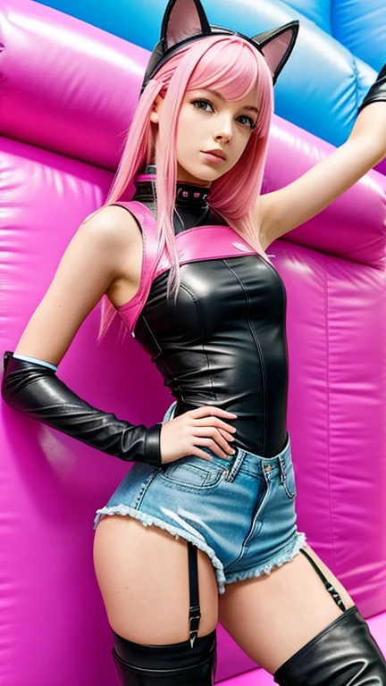  teen with pink hair, Slim model,  pink leather top , Lederrock rosa,  leather arm warmer blue ,  knee-high leather boots, Cat ears, bouncy castle  
