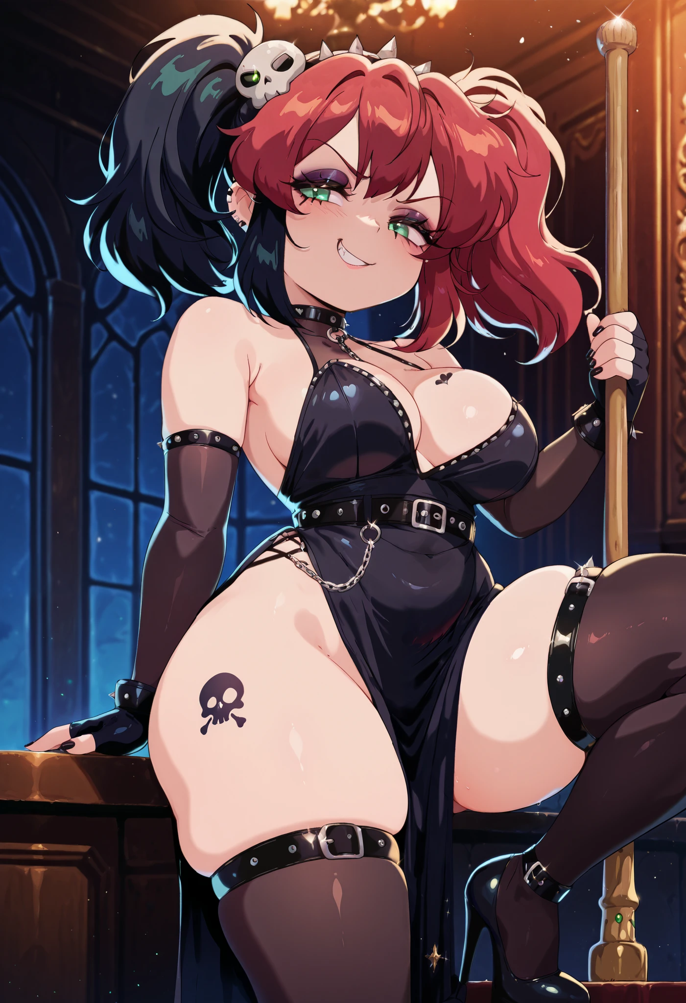 score_9, score_8_up, score_7_up, score_6_up, Bl3th3bn3_Styl3_SKNSFW, masterpiece, best quality, 1girl, ElliePXL,makeup,black nails, green eyes, multicolored hair,black hair, hair ornament,skull hair ornament, red hair, twintails, tattoo, nail polish,gothic,two-tone hair,(human),dress, black dress, side slit, pelvic curtain, heels, legband, black legband, opera gloves, fingerless gloves,smile, smug smirk,teeth,half-closed eyes,bare shoulders, club nocturno