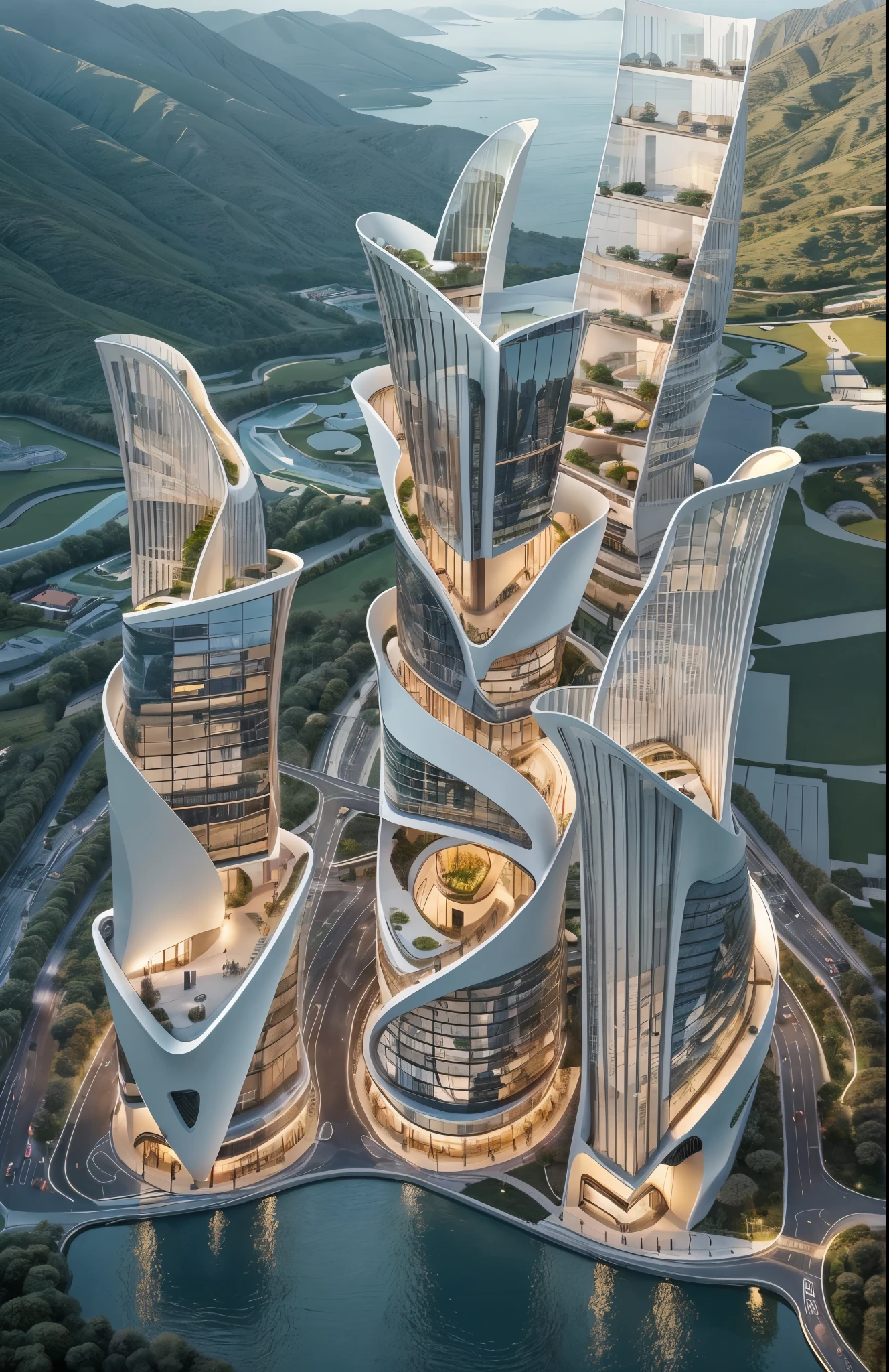 Building design , cars, tree, Hotel design, day light , outstanding, single tall building, blue sky.  City and mountain at the background 