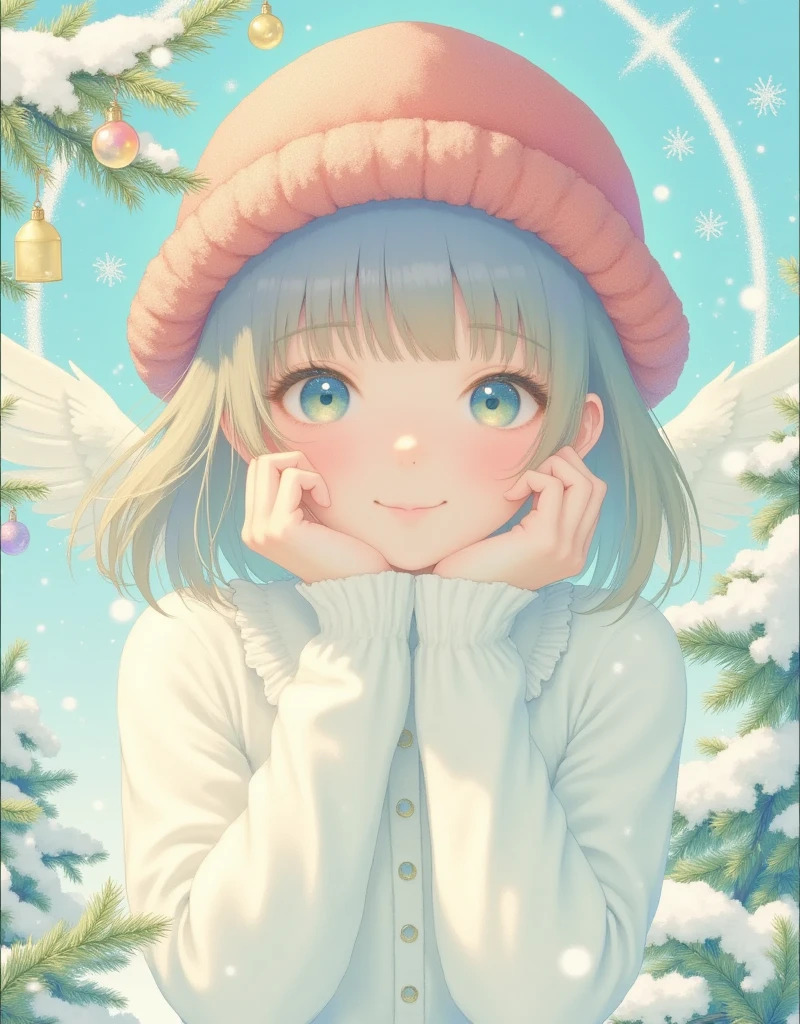 ultra detailed, best quality, in christmas, 1girl with red hat on, decorated christmas tree, smile , standing , look at me, angelic atmosphre, bright , glittering particles, shiny, soft color, kawaii anime, cute illustration, angel dust falling, fancy style, snow fall, 