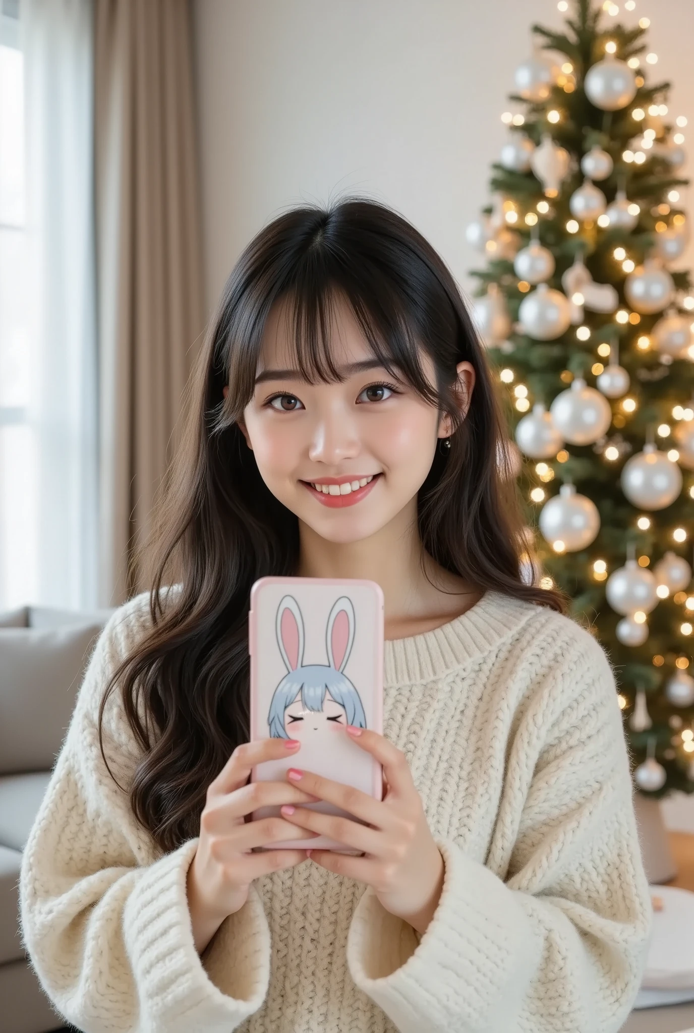 She is a beautiful girl,smile that makes everyone happy, solo, she is in a stylish and modern living room. There is a tall Christmas tree decorated with glittering ornaments in the living room. She is about to take a picture with the front camera of her smartphone,She is wearing a fluffy off-white sweater, The back of the smartphone has cute Chibi-anime-girl-face illustration printed, the Chibi-anime-girl-face\(white medium wavy hair,soft curls hair, detailed hair texture, large rabbit ears white and soft pink inner ear,(expressionless,eyes closed),Looks like asleep,soft lighting to highlight hair and ear details\), masterpiece, best quality, 8k, highres, ultra-detailed, (realistic:1.37), (photorealistic:1.37), with the Christmas tree in the background.