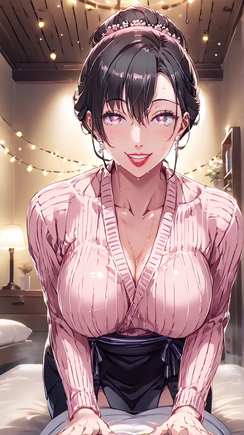 masterpiece, High resolution, Beautiful detailed red skinny vertical rib sweater、大きな開いたchest元、, Black mini skirt, Mature Woman:1.4, Sexy smile, Long black hair, Heart pupil, big_chest, Updo, night、深night、night這い、(Gorgeous pink style bedroom、darkroom、、A room with the lights out、Japanese style beautiful 、Woman receiving a massage on the futon:1.8), (steam,sweat,Vulgar), Glowing Lips、Mature Woman、Hot Housewife、Naughty face、Red lips, Captivating smile,  Excited, The whole face becomes red, Long eyelashes,  Obscene face、Muscular dark-skinned masseuse