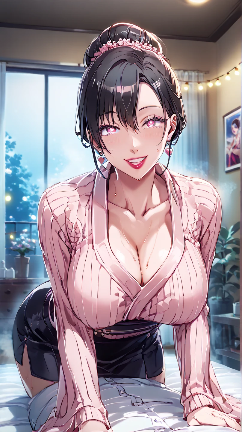 masterpiece, High resolution, Beautiful detailed red skinny vertical rib sweater、大きな開いたchest元、, Black mini skirt, Mature Woman:1.4, Sexy smile, Long black hair, Heart pupil, big_chest, Updo, night、深night、night這い、(Gorgeous pink style bedroom、darkroom、、A room with the lights out、Japanese style beautiful 、Woman receiving a massage on the futon:1.8), (steam,sweat,Vulgar), Glowing Lips、Mature Woman、Hot Housewife、Naughty face、Red lips, Captivating smile,  Excited, The whole face becomes red, Long eyelashes,  Obscene face、Muscular dark-skinned masseuse