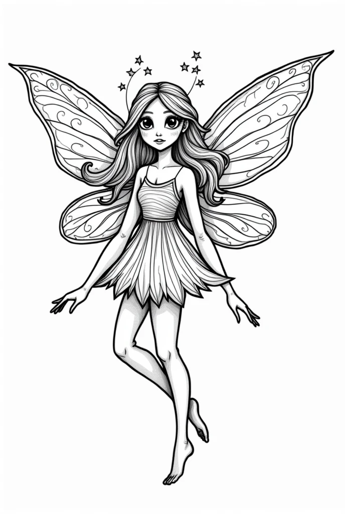 4k ultra hd, masterpiece, a girl, good face, detailed eyes, detailed lips, flower fairy girl, big wings,, for coloring pages, full white,clean line art, children's style, magic forest background, full body, Sketch style, playful style, childrens,coloring page, clean line art, white background, colouring page, clean outline