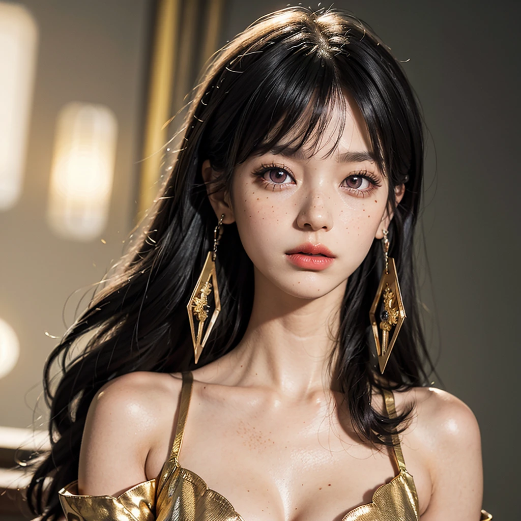 1 robot girl, Japanese, 4k, robotic joints, realistic, soft skin, texturized skin, long whavy black hair with bangs, shiny pink eyes, red eyeliners, shining red lips, natural makeup, freckles, round gold earings, bitting lower lip, morning lighting, bright colors, looking directly to the viewer, close up, face focus.