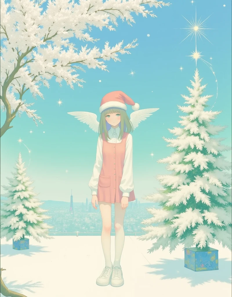 ultra detailed, best quality, in christmas, 1girl with red hat on, decorated christmas tree, smile , standing , look at me, angelic atmosphre, bright , glittering particles, shiny, soft color, kawaii anime, cute illustration, angel dust falling, fancy style, snow fall, 