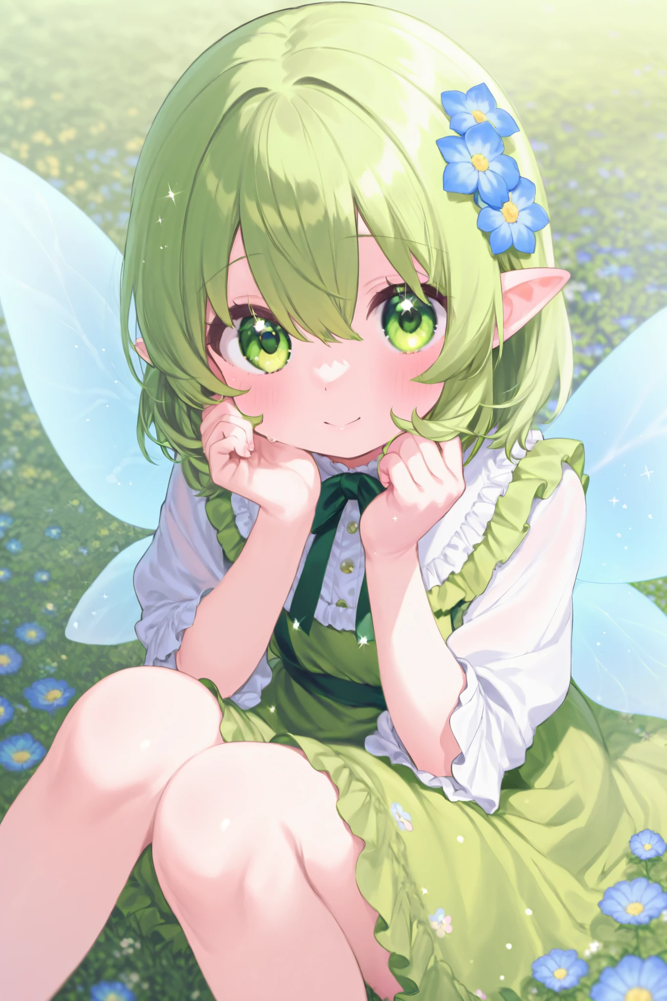 Girl with fairy wings 。 wear a green dress with frills、Sit in a field of blue flowers 。 smiles,  Glitter Effects ,  , Place your elbows on your knees 、 and place your face on the palm of your hand