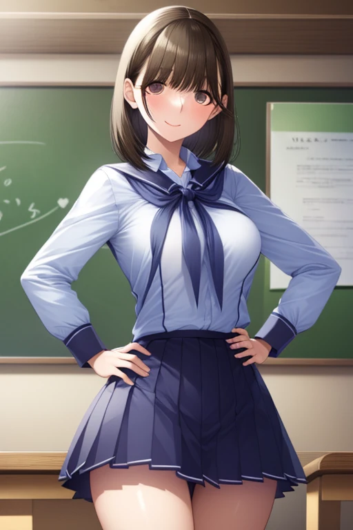 One Girl, Five Fingers, mini skirt, Looking down at the viewer, Twin tails, Highest quality, Focus on the thighs, Dynamic pose, smile, blazer, blouse, Black Pantyhose, panties under pantyhose, Standing Split, classroom, Black Hair, Stylish pose,My thighs are steaming between the legs