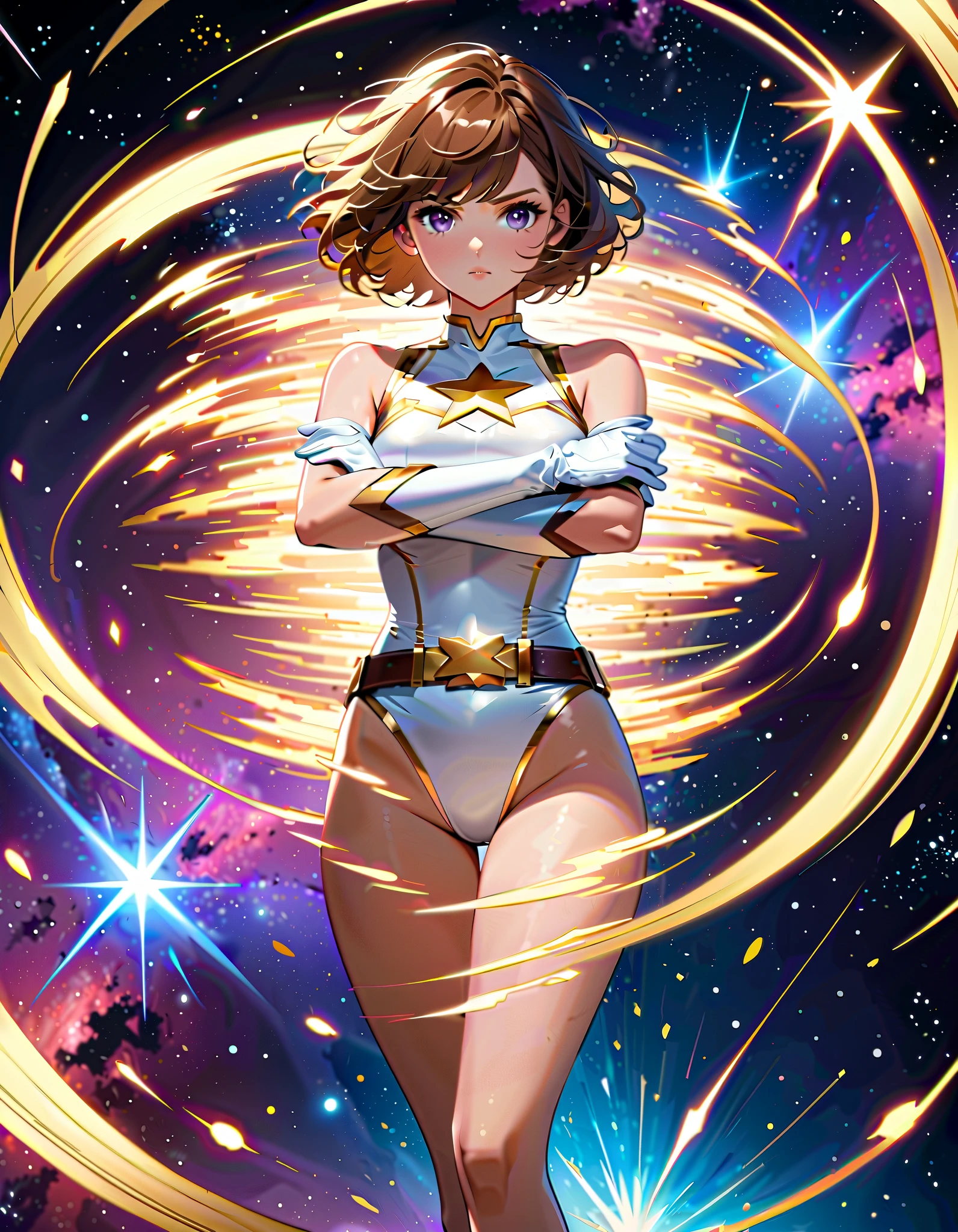 (((pixel-perfect, detail-perfect))), 1girl, superhero, leotard, highleg leotard, ((white and blue leotard)), bare legs, boots, gloves, ((white gloves)), standing, solo focus, (golden belt), hands on hip, full body shot, outer space, sleeveless, ultra highres, absurdres, beautiful face, detailed eyes, symmetric eyes, perfect body, good proportions, mature lady, brown hair, bob hair, (blue light, light swirls around her body), ((gold star on chest)), ((green eyes))