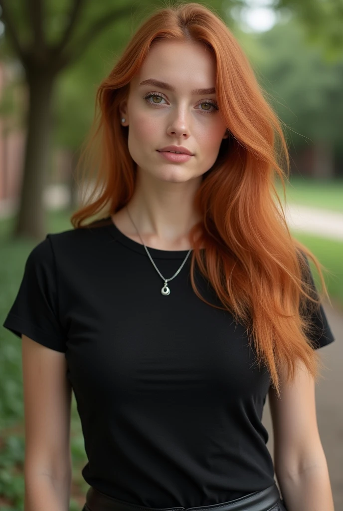 1girl 18 years old, nur, Lange Haare, midsize boobs, pullover, Blick auf den Betrachter, hellblondes Haar, nackte Schultern, braune Augen, Schmuck, full entire body, Halskette, schulterfrei, outfit, lips, realistisch, Nase, Flirten mit der Kamera, portrait, nature, red hair