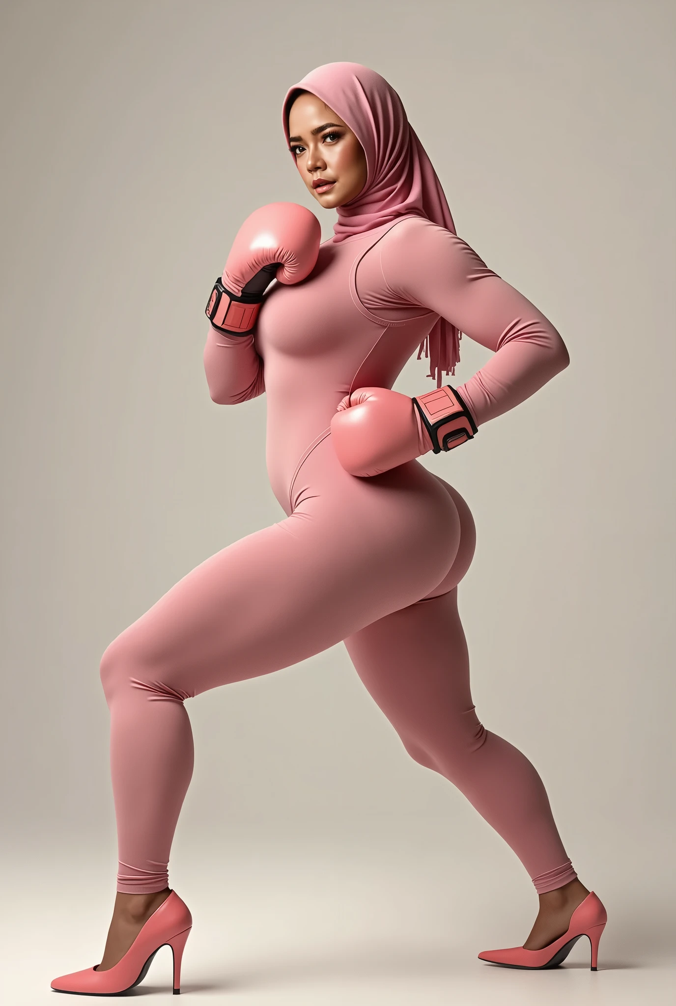 (hijab malay girl)), a sserafimsakura, hyper realistic, lifelike texture, dramatic lighting, Nikon RAW photo, 8k, Fujifilm XT3,CitrineDreamMix, masterpiece, best quality, realistic, (photorealistic:1.4), ultra detailed, extremely detailed face, solo,1 malay hijab girl, wearing hijab,standing, (boxing gloves:1), (boxing ring), (smile:1), pink boxing outfit, ( janna nick ).