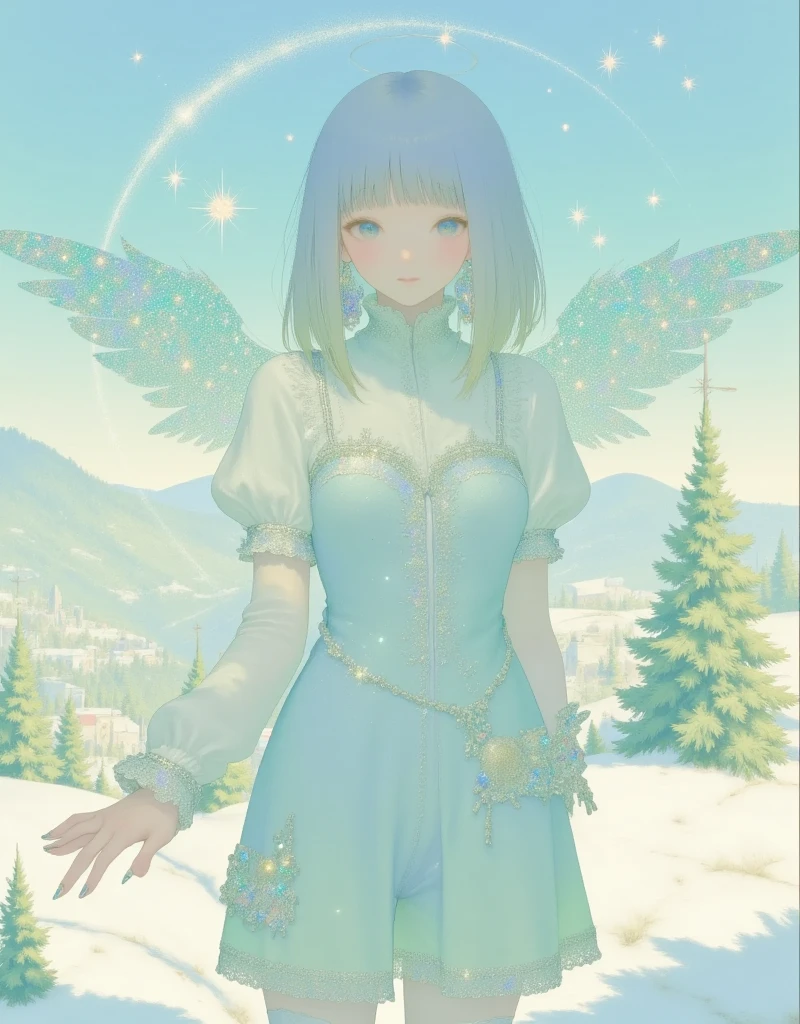 ultra detailed, best quality, in christmas, 1girl with red hat on, decorated christmas tree, smile , standing , look at me, angelic atmosphre, bright , glittering particles, shiny, soft color, kawaii anime, cute illustration, angel dust falling, fancy style, snow fall, 