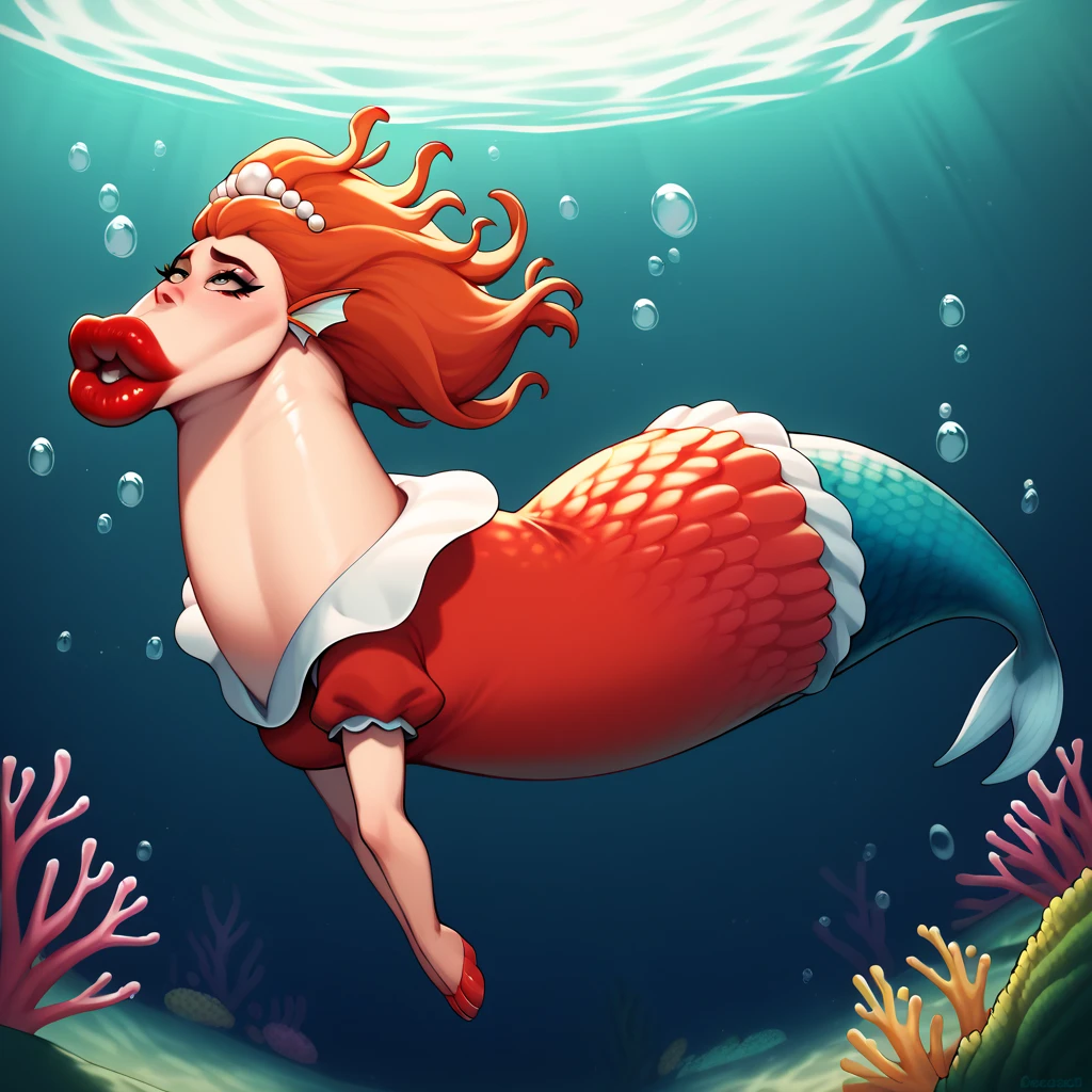 score_9_up, score_8, score_7, best quality, masterpiece, uncensored, big lips, /stalliona, dorse, futanari, facing viewer, rolling eyes, red lips, solo, wear mermaid dress, pearl crown, from side, full body, looking at viewer, underwater, fish, bubble airs, coral,