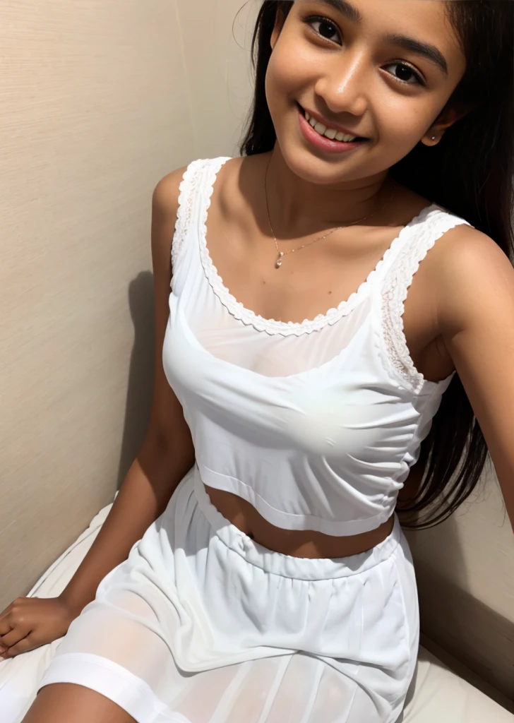 Young sweet beautiful Indonesian girl, 22 years old, slim body, georgeus face, messy hairs with a bangs, greek nose, wearing white thin dr ess, wearing white thin see through skirt, red lace panty exposed visible through the skirt, very realistic, very detail, sweet cute laughing, standing cheerful to singing practice in empty room,