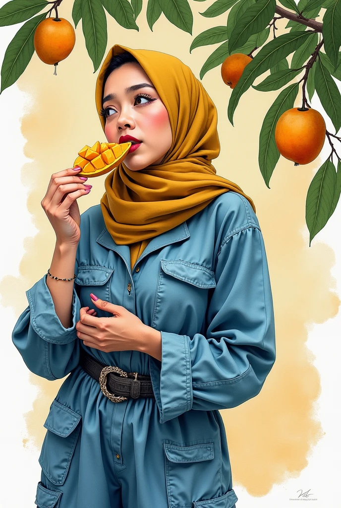 ((5, Indonesian adult woman in hijab, Sugar Granny)) wearing a white transparent pajamas photography portrait, licking a banana covered in white condensed milk, mid-shot photo, ultra detail, professional photo with professional lighting, smile, light blue studio background, curvy body, (VERY BIG BREASTS: 1.4).
