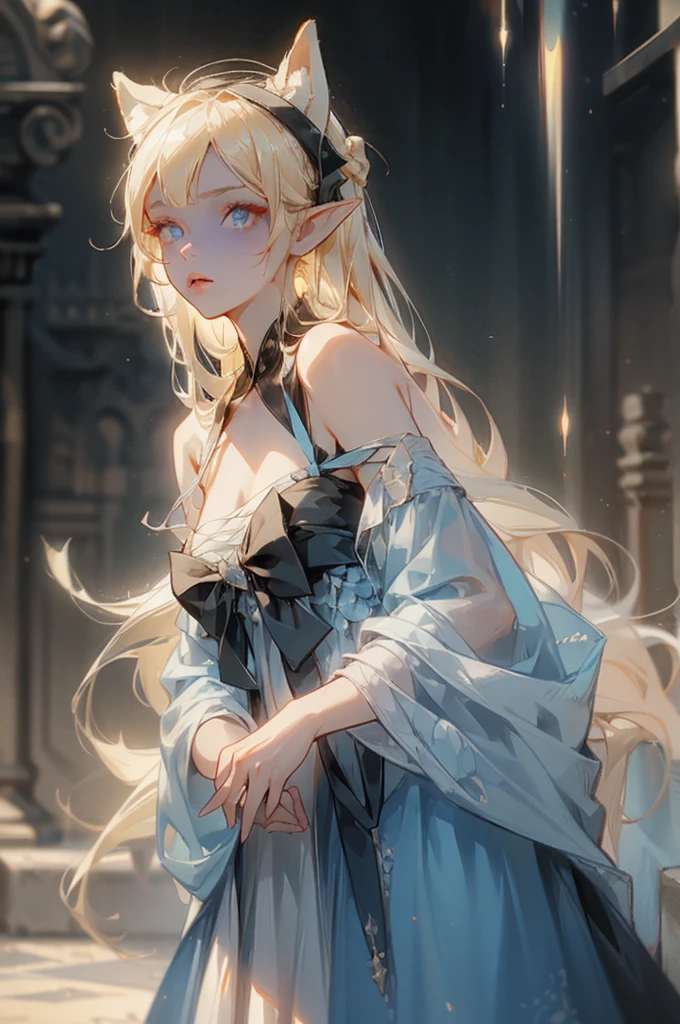 a picture of a young woman in a dress with a giant head, 1girl, solo, blonde hair, pointy ears, long hair, animal ears, looking at viewer, blue eyes, dress, bandages, bare shoulders, lips